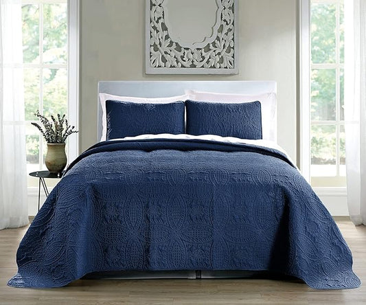 Pure Bedding Quilt Set Full/Queen Size Navy - Oversized Bedspread - Soft Microfiber Lightweight Coverlet for All Season - 3 Piece Includes 1 Quilt and 2 Shams, Geometric Pattern