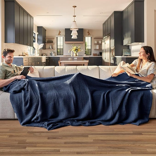 Bedsure Gentlesoft 100% Cotton Blanket King Size for Bed - Breathable and Soft, Thick Cozy Waffle Weave Christmas Blanket Gift for Women, Pageant Blue, 104x90 inches