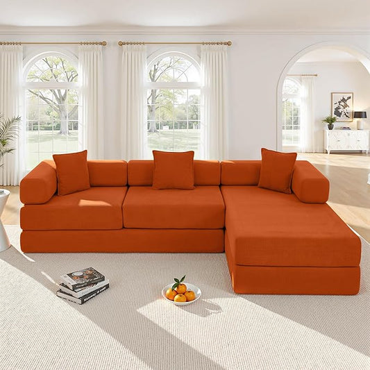 108" Oversized Convertible Sleeper Sofa Bed, Corduroy L Shape Sectional Couch, Folding Sofa Bed with Fixed-Shape Frame, Modern Cloud Floor Mattress Couch, Modular Sofa for Living Room, Orange