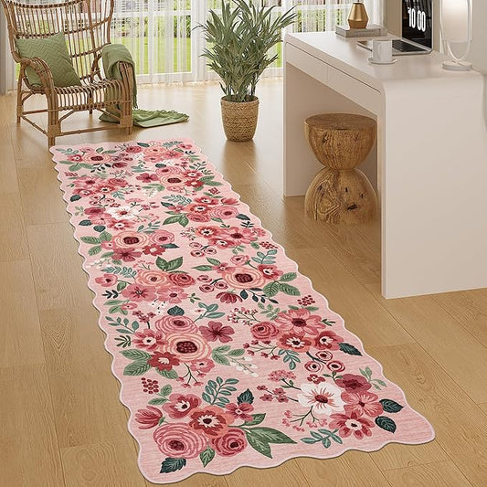 DUKINO 2x10 Runner Rug for Hallway, Washable Kitchen Rug with Non Slip Backing & Non-Shediing, Soft Low Pile Floral Design Runner for Bedroom, Kithchen, Living Room, Laundry, Bathroom, Pink