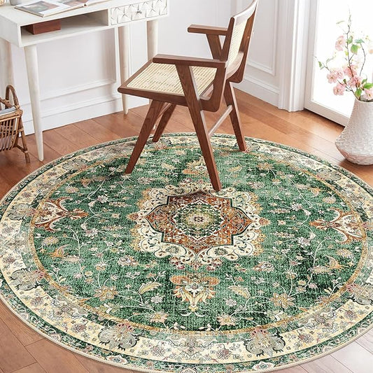 Green Round Rug 4ft,Circle Washable Area Rugs for Bedroom Bathroom Entryway Kitchen,Small Boho Vintage Bohemian Distressed Oriental Floral Carpet Non Slip,Retro Sage Floral