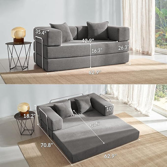 YINIX Foldable Sofa Bed, 62'' Folding Floor Couch, Compressed Convertable Sleeper Sofa, Memory Foam Couch with Pillow Back Support Armrest, 4-in-1 Futon Sofa Bed for Living Room, Light Gray