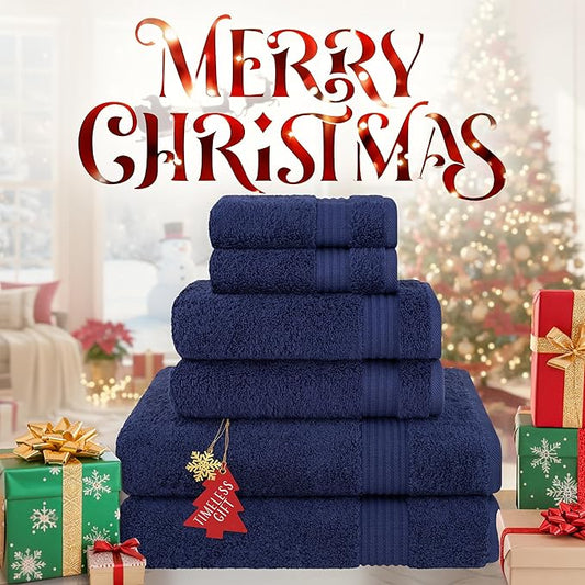 Cotton Paradise 6 Piece Towel Set 100% Cotton Soft Absorbent Turkish Towels for Bathroom 2 Bath Towels 2 Hand Towels 2 Washcloths, Navy Blue Towel Set