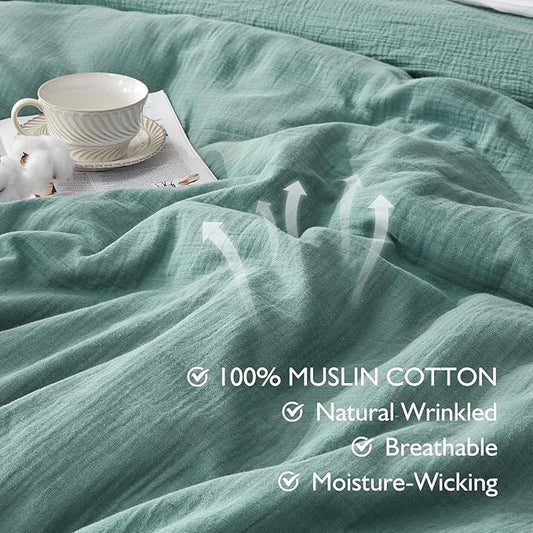 EMME Muslin Cotton Duvet Cover Set Teal Queen Size Linen Like Soft Breathable Lightweight Summer Comforter Cover Set with Zipper Closure (Teal, Queen, 90"x90")