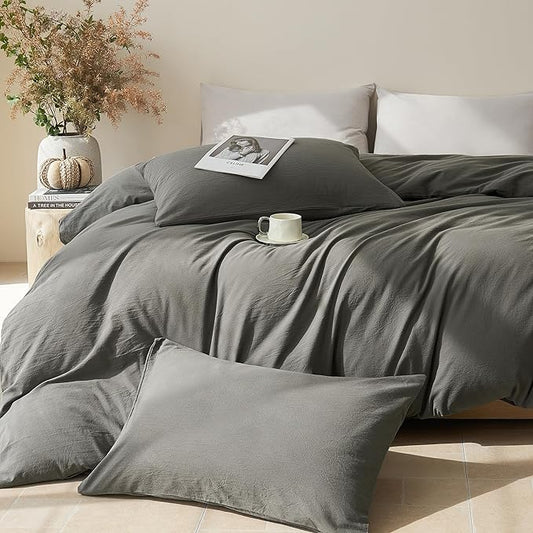 JELLYMONI Duvet Cover King Size - Washed Cotton Comforter Cover with Linen-Like Texture,Breathable & Soft Bedding for Modern Home,Guest Room and Everyday Use,Dark Grey 1 Duvet Cover & 2 Pillowcases