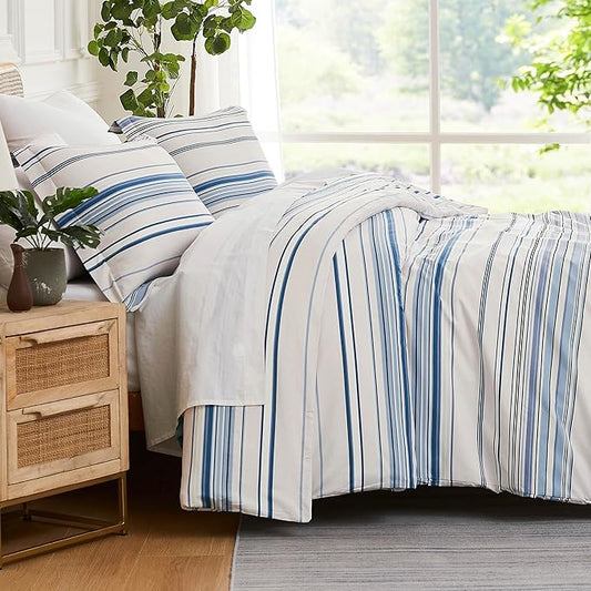 Southshore Fine Living, Inc. Oversized King Duvet Cover, Hotel Quality King Coastal Bedding Set, Easy Care, Beach Theme King/California King Duvet Cover Set, 2 Pillow Shams - Coastal Stripe Blue