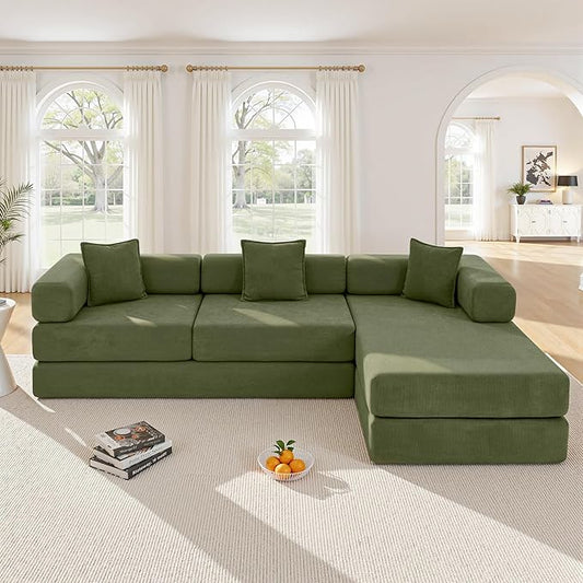108" Oversized Convertible Sleeper Sofa Bed, Corduroy L Shape Sectional Couch, Folding Sofa Bed with Fixed-Shape Frame, Modern Cloud Floor Mattress Couch, Modular Sofa for Living Room, Green