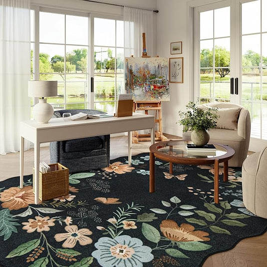 Lahome Floral Washable 6x9 Area Rugs, Soft Bedroom Rug for Living Room Ultra-Thin Non Slip Dining Room Rug, Stain Resistant Boho Rugs Easy Clean Throw Carpet for Office(6'x9',Black/Grey)