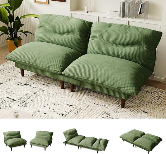 Futon Sofa Bed, 4 in 1 Multi-Functional Futon Couch with Adjustable Backrest, 75 inch Convertible Sleeper Sofa Bed and Recliner Lounge, Corduroy Loveseat for Living Room, Apartment, Green