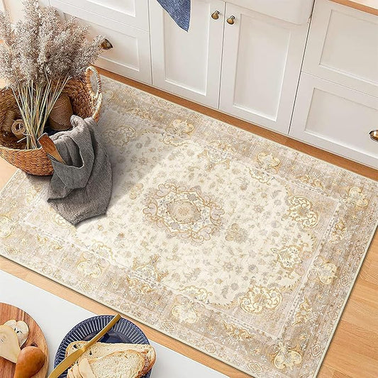 Small Rugs 2'x3',Boho Rug for Entryway Bathroom Kitchen Entrance Doormat,Vintage Bohemian Distressed Washable Accent Indoor Mat Floor Throw Carpet Non Slip,Beige Gold Floral
