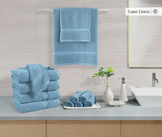 LANE LINEN Luxury Bath Towel Set - 6 Piece Set, 100% Cotton Bathroom Towel, Zero Twist, Quick Dry Shower Towels, Extra Soft Absorbent, 2 Bath, 2 Hand, 2 Wash Cloths - Blue