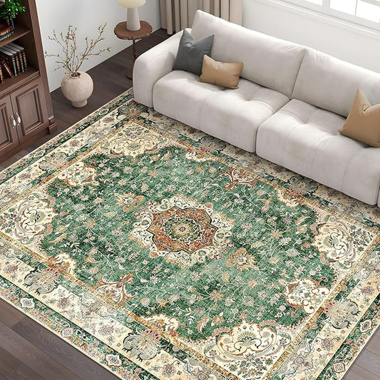 Green Rug 6'x9' Area Rugs,Boho Washable Rug for Living Room Bedroom Dining Room,Large Vintage Bohemian Distressed Oriental Carpet Non Slip,Retro Sage Floral