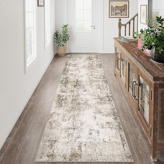 3x10 Washable Runner Rug Brown Grey Abstract Hallway Kitchen Throw Rug Neutral Modern Non Slip Soft Low Pile Carpet for Bathroom Laundry Bedroom Living Room