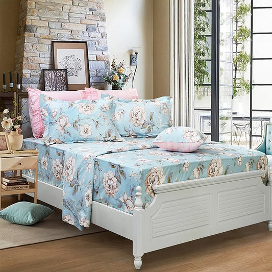 FADFAY Shabby Floral Bed Sheet Set Farmhouse Bedding Blue Cotton Winter Bedding Deep Pocket Sheets 4-Piece Queen Size