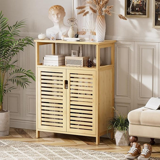 HITNET Bathroom Cabinet Freestanding, Bamboo Storage Cabinet 4-Tier Floor Cupboard with Door and Shelf for Bathroom, Kitchen, Hallway, Natural
