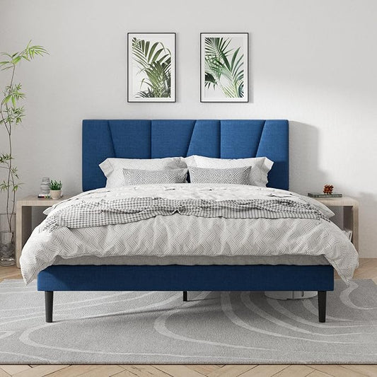 Full Size Platform Bed Frame with Geometric Upholstered Headboard, Noise Free, Wooden Slats Support, No Box Spring Needed, Easy Assembly, Blue, Linen