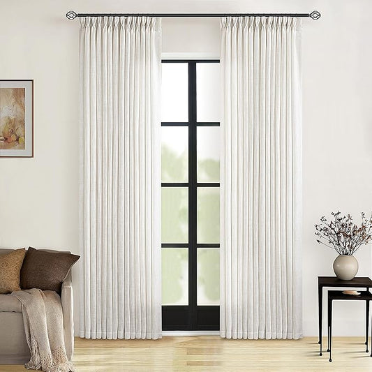 Neutral Pinch Pleated 86 Inch Curtains Semi Sheer Linen Blended Light Filtering Window Curtains 86 Inches Long for Living Room Bedroom Boho Cream Birch Pinch Pleat Drapes Rings Hooks 2 Panels Set
