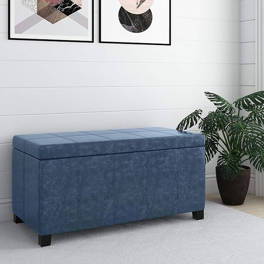 SIMPLIHOME Dover 36 inch Wide Contemporary Rectangle Storage Ottoman Bench in Denim Blue Vegan Faux Leather, Assembled, for the Living Room, Entryway and Family Room