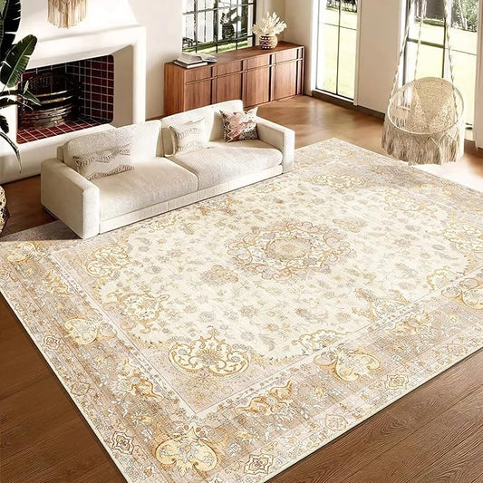 9'x12' Area Rugs Washable,Large Boho Rug for Living Room Bedroom Dining Room,Vintage Bohemian Distressed Oriental Carpet Non Slip,Retro Gold Floral
