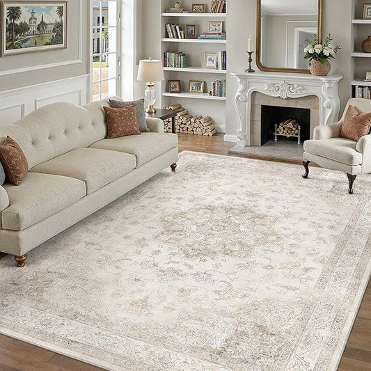 Beige Area Rug 9x12 Washable Vintage Carpet for Living Room Bedroom Large Soft Retro Low Pile Thin Indoor Rug Non Slip Oriental Medallion Floor Cover for Dining Room Office