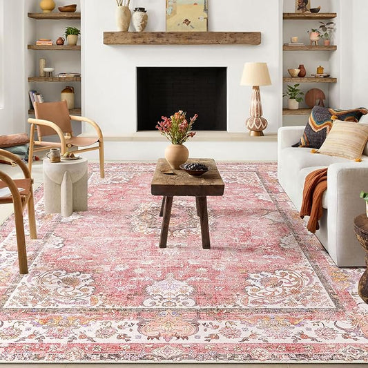 Pink Rug 6'x9' Area Rugs,Boho Washable Rug for Living Room Bedroom Dining Room,Large Vintage Bohemian Distressed Oriental Carpet Non Slip,Blush Floral Flowers