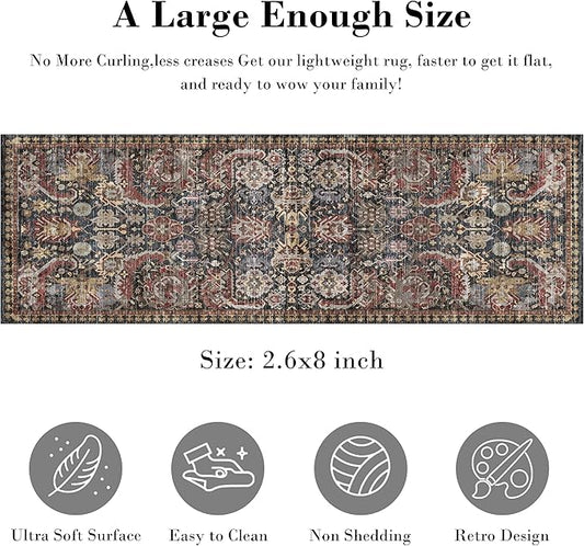 RUGSURE Washable Area Rugs - Perfect for Living Room, Bedroom, Kids Room, Nursery - Stain & Water Resistant Non-Slip, Pet & Child Friendly, Vintage Tribal Area Rugs (Rust, 2'6'' x 8')