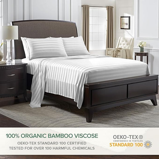 Pure Bamboo Full Sheets, Genuine 100% Organic Viscose Derived from Bamboo Bed Sheet Set, Luxuriously Soft & Cooling, Double Stitching, 2 Year Quality Promise (Full, Jacquard White)