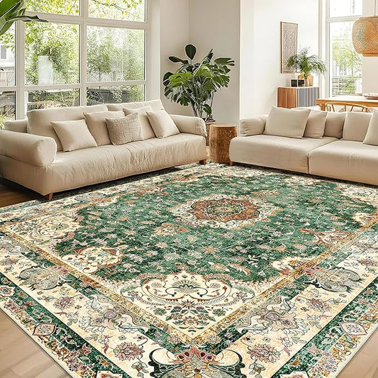 9'x12' Area Rugs Washable,Large Green Rug for Living Room Bedroom Dining Room,Boho Vintage Bohemian Distressed Oriental Carpet Non Slip,Retro Sage Floral