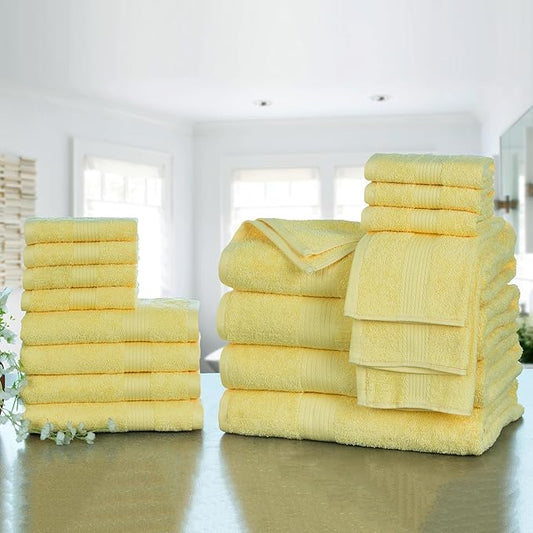 Ample Decor Bathroom Towel Set of 18-4 Hand Towel, 4 Bath Towel, 10 Wash Cloths - Oeko Tex Certified 600 GSM 100% Cotton - High Absorbency Quick Drying, Ideal for Gifting - Yellow