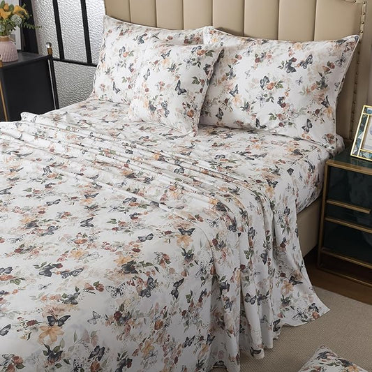 FADFAY Butterfly Sheets Set King Watercolor Floral Bed Sheets Set Vintage Botanical Bedding Shabby Rustic Leaves Bedding Collections 100% Percale Cotton Breathable Soft Deep Pocket 4Pcs, King Size