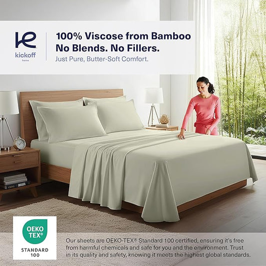 Kickoff Viscose Bamboo Sheets California King Size 4-pc 100% Organic Bamboo Viscose Bed Cooling Sheets Cal King Set Cool Bedding for hot Sleepers Sheet, Flat, Fitted, Pillowcases (Sage Green, CK)