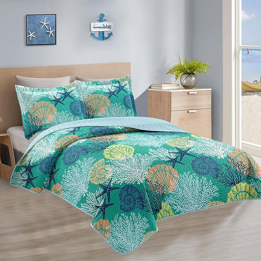 Tritard 3 Piece Coastal Quilt Sets King Size - Reversible Microfiber Quilts with 2 Shams Soft Lightweight Beach Bedding Nautical Bedspread Coverlet Summer Comforter Set for All Season, 106''x96'', C3
