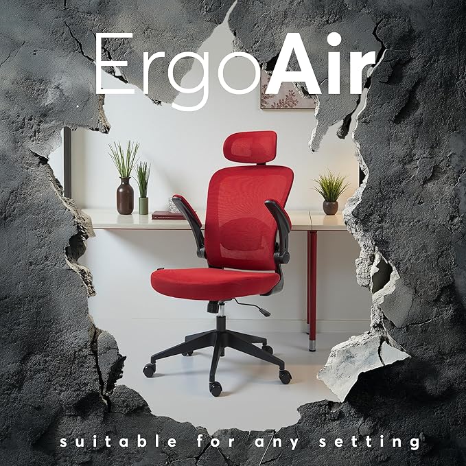 Oline ErgoAir Ergonomic Office Chair – Adjustable Lumbar Support, Flip-Up Armrests, Mesh Computer Desk Chair, Swivel Rolling Executive Gaming Chair for Home & Office (Red)