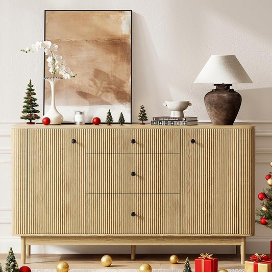 59" Sideboard Buffet Cabinet with Storage, Modern Fluted Accent Credenza with Charging Station, Wood Mid Century Buffet Table Coffee Bar Console Table with 3 Drawers & 2 Doors for Kitchen, Entryway