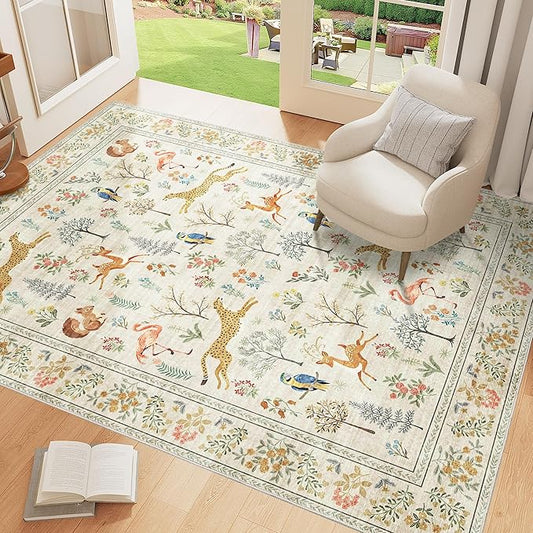 DUKINO 3x5 Rug, Washable Animal Area Rug with Non Slip Vintage Design, Indoor Soft Low Pile Carpet for Bedroom, Nursery, Dining Room, Farmhouse, Playroom, White