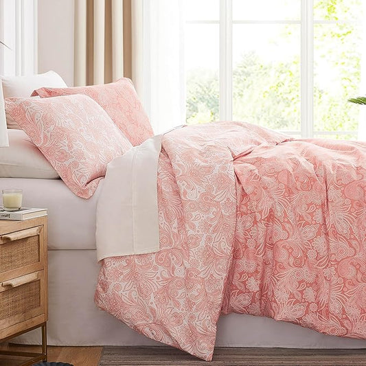 SouthShore FINE LINENS Perfect Paisley Collection - Premium Quality, Soft, Wrinkle, Fade, & Stain Resistant, Easy Care, Oversized Duvet Cover Set, Full / Queen, Coral Haze