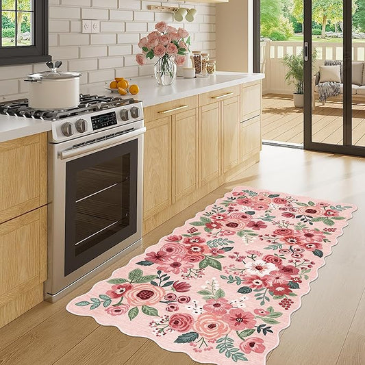 DUKINO 2x4 Washable Runner Rugs, Non Slip Floral Print Entryway Rug with Soft Low Pile, Lightweight Mat for Living Room, Bathroom, Bedroom, Kitchen, Pink