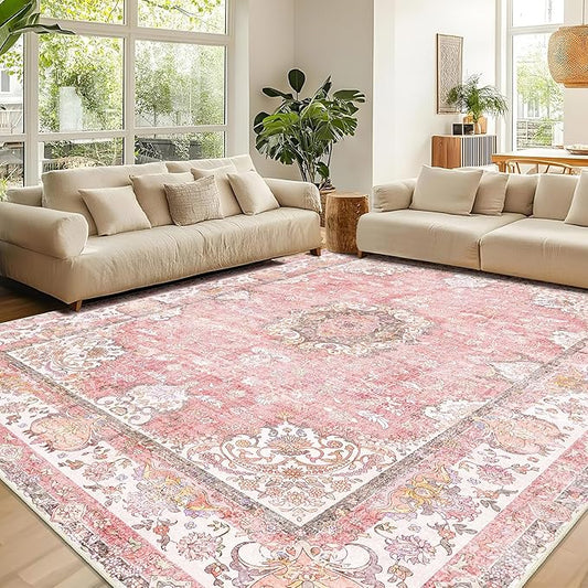 9'x12' Area Rugs Washable,Large Pink Rug for Living Room Bedroom Dining Room,Boho Vintage Bohemian Distressed Oriental Carpet Non Slip,Blush Floral Flowers