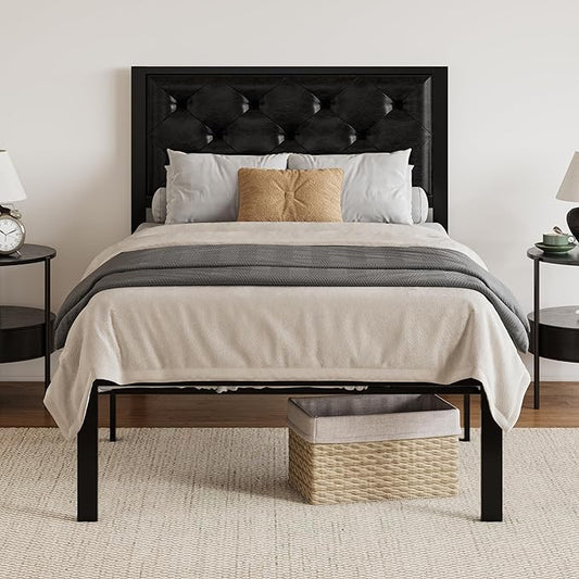 SHA CERLIN Twin Size Metal Platform Bed Frame, PU Leather Upholstered Button Tufted Headboard, Mattress Foundation with 12.4” Under-Bed Storage, Noise-Free, Easy Assembly, No Box Spring Needed, Black