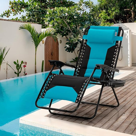 Sophia & William Oversized Zero Gravity Chair Set of 2 Padded, Folding Lounge Chair with Wide Armrest and Cup Holder, Support 400 LBS, Aqua Blue