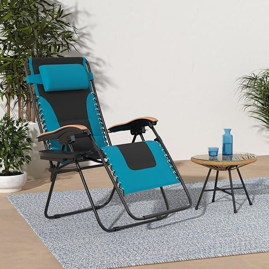 PHI VILLA XXL Oversized Padded Zero Gravity Chair Set of 2, Foldable Patio Recliner, 30" Wide Seat Anti Gravity Lounger with Armrest and Cup Holder, Support 400 LBS (Aqua Blue)
