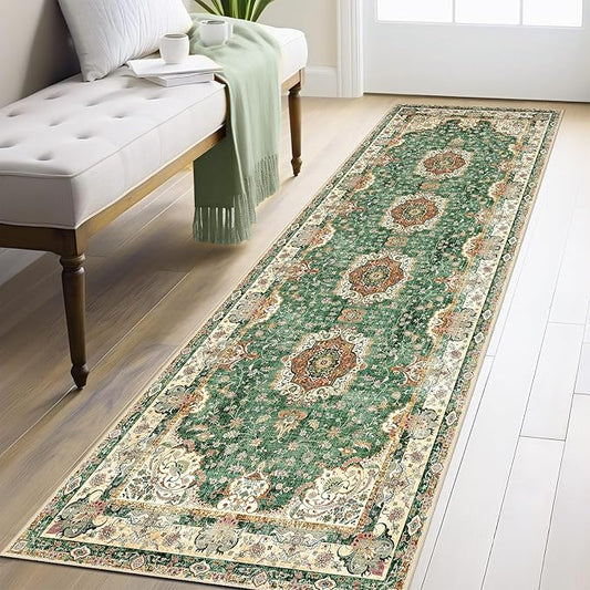 Washable Runner Rug 2'x8',Green Rug Runners Non Slip,Long Boho Rugs for Hallways Kitchen Bathroom Bedroom Entryway,Vintage Bohemian Distressed Floor Carpet,Retro Sage Floral