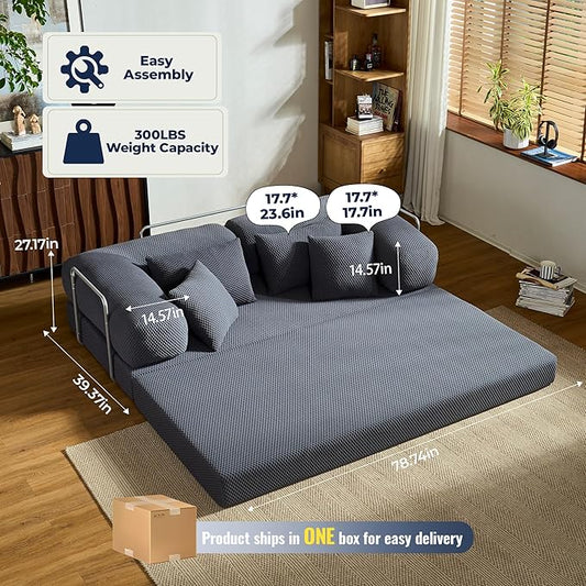 78 Inch Convertible Sofa Bed, 4D Fresh Fabric Boneless Couch with Fixed Frame and 4 Pillows, Modular Sectional Couch for Living Room Bedroom Studio Floor Bed Loveseat Sofa
