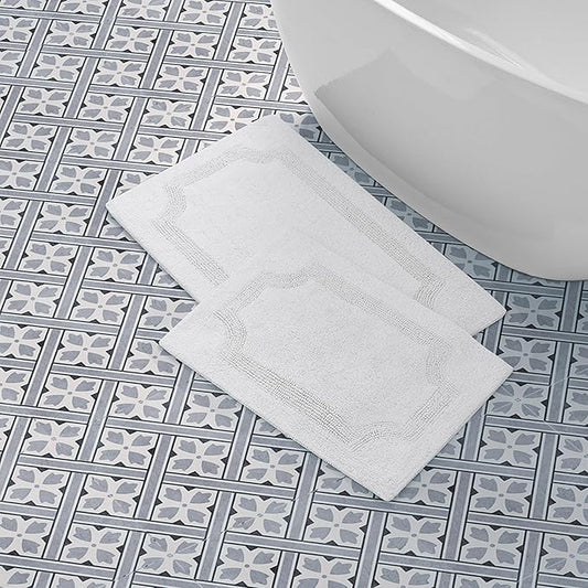Laura Ashley - Reversible Cotton Bath Mat, Premium Bathroom Décor, Machine Washable Bathroom Rug, Highly Absorbent, 17"x24"/20"x32" 2-Piece Set, White