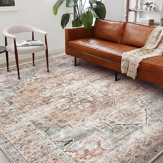 Washable Area Rug 8'x10' Light Cyan and Light red Retro Boho Design Non-Shedding Non-Slip Easy Care Ideal for High Traffic Areas in Living Room Bedroom Office Kitchen Large Carpet