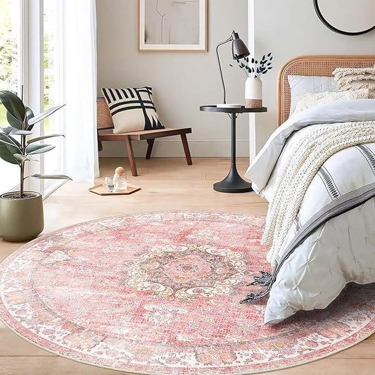 Pink Round Rug 5ft, Circle Boho Area Rugs for Bedroom Living Room Bedside,Washable Vintage Bohemian Distressed Oriental Floral Carpet Non Slip,Blush Floral Flowers