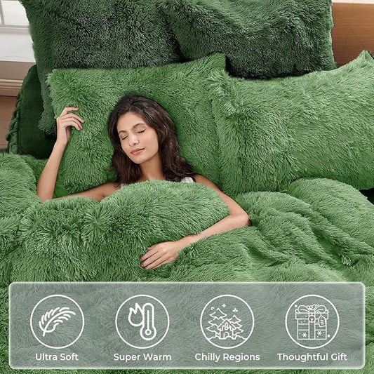 Sasttie 3-Piece Fluffy Duvet Cover Full, Ultra Soft Faux Fur and Velvet Dark Green Comforter Cover, Luxury Fuzzy Bedding Sets for Winter Bed, Includes 1 Duvet Cover and 2 Pillowcases, No Comforter