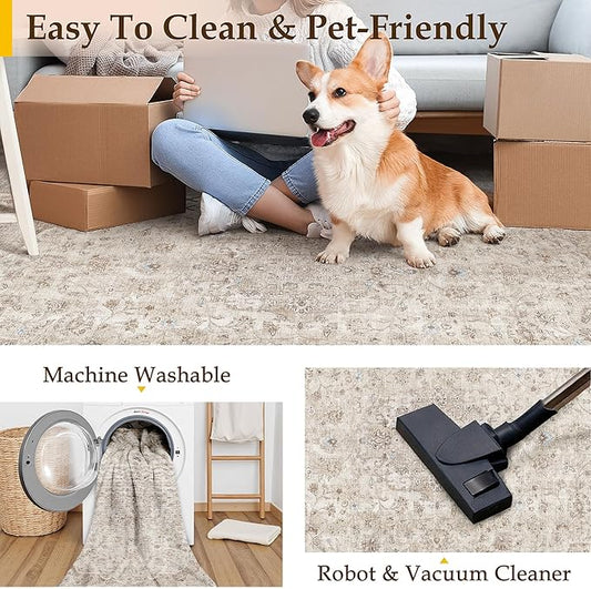 Beige Area Rug 2x3 Washable Vintage Entryway Carpet Low Pile Non Slip Distressed Door Mat Soft Traditional Retro Oriental Small Accent Throw Rug for Kitchen Bedroom Office Bathroom Laundry