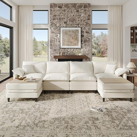 143" U Shaped Modular Sectional Cloud Couch with Two Ottoman, Snap-on Easy Installation 6-Piece Deep Seat Sofa with Storage Bag and Coffee Table for Living Room, Corduroy, Beige