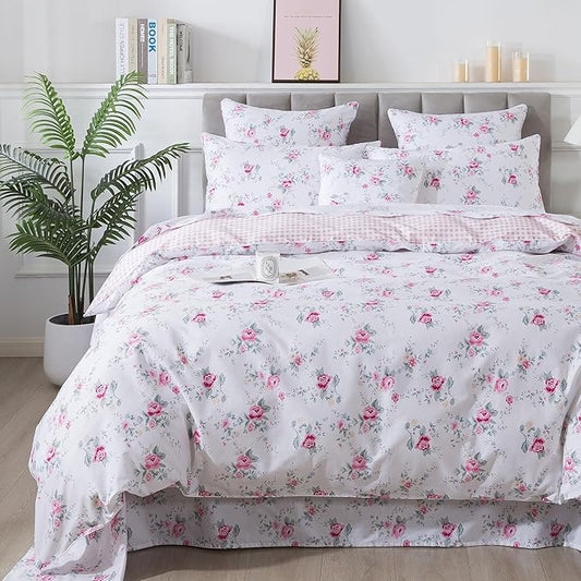 FADFAY Rose Duvet Cover Set Twin XL College Dorm Bedding Vintage Pink Floral Girls Bedding 100% Cotton Soft Breathable Comforter Cover with Hidden Zipper Closure 3Pcs, Twin XL Size for Dorm Room